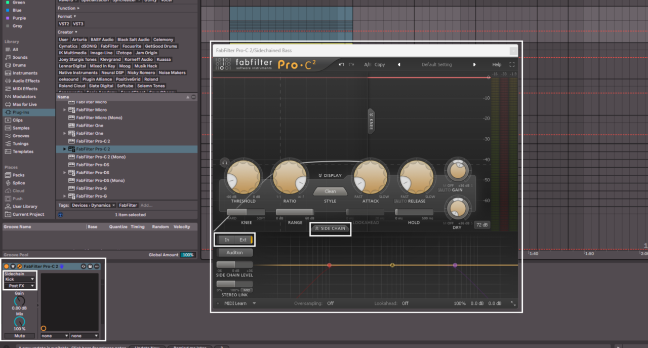 FabFilter Pro-C 3 sidechain compression on bass bus
