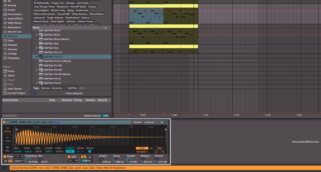 Tuba one-shot sample transposed in Ableton Simpler