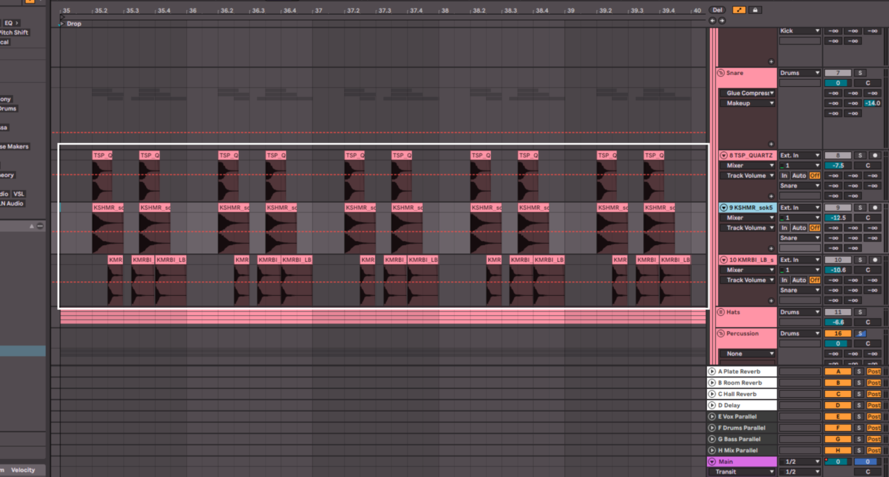 Layered snare tracks with ghost note doubling