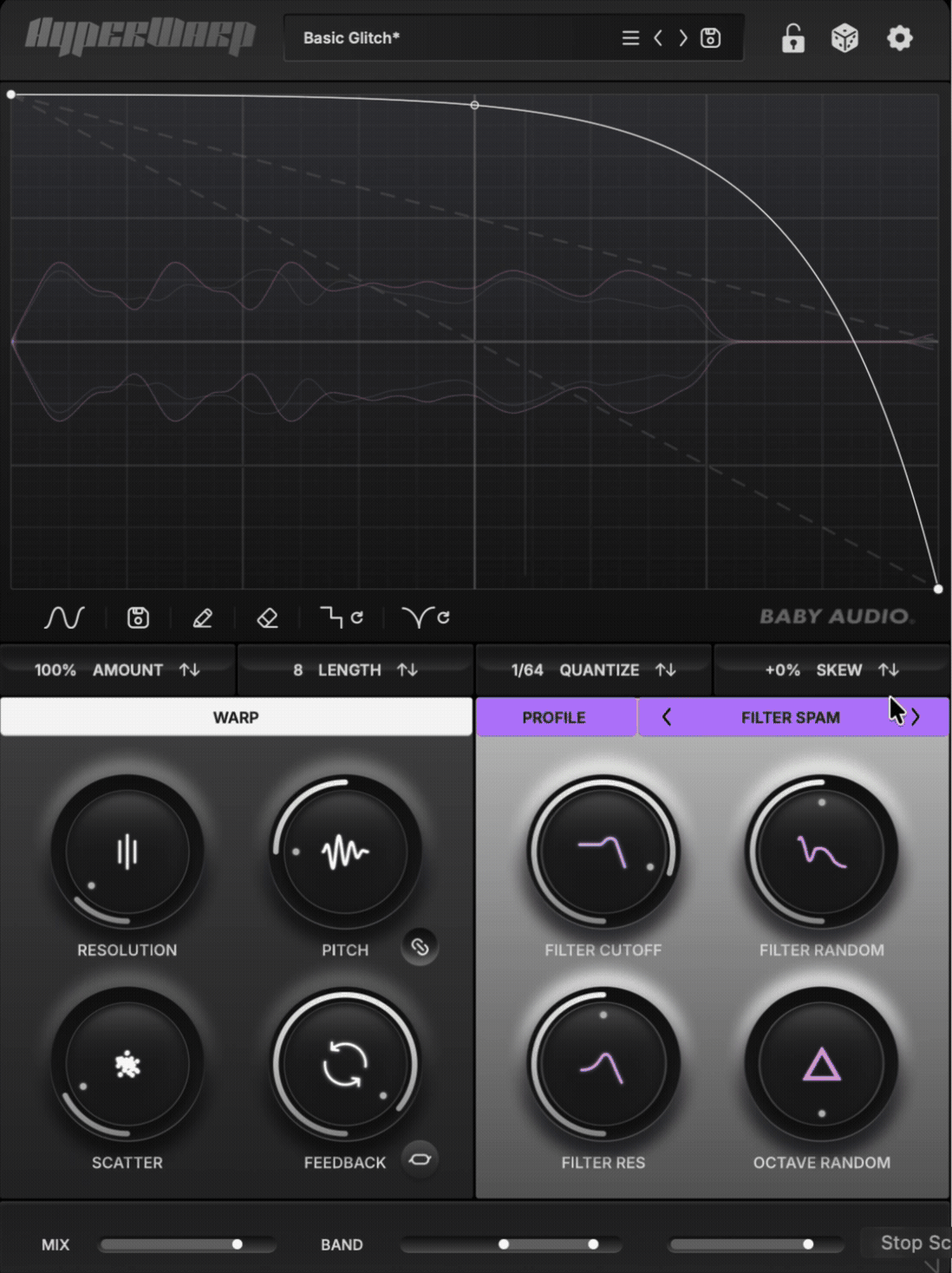 HyperWarp time-warp graph with Warp controls and the Filter Spam profile