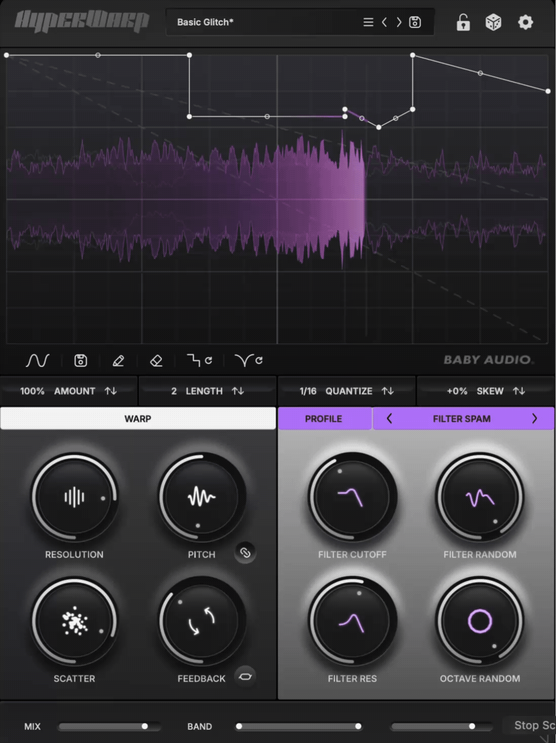 Baby Audio HyperWarp full interface with graph, Warp and Profile sections