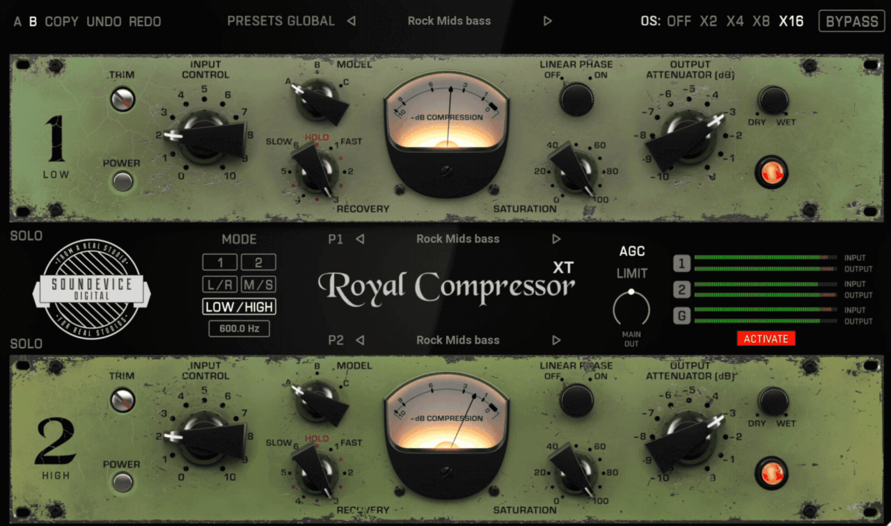 Royal Compressor XT in Low/High mode showing both units, the AGC and limiter section and 16x oversampling