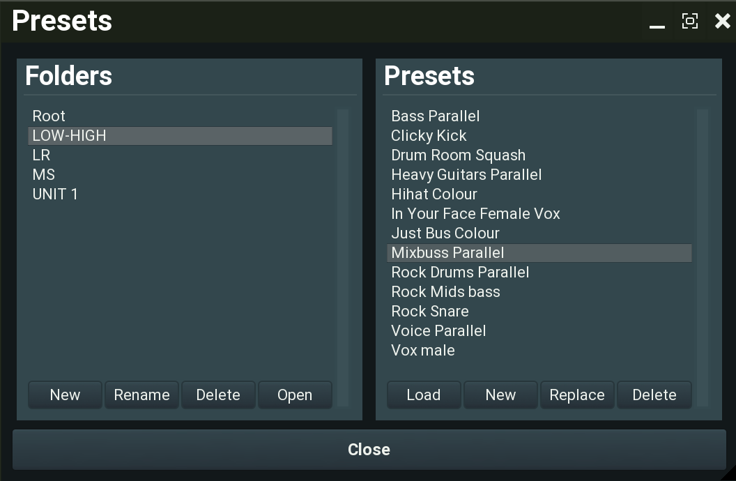 Royal Compressor XT preset browser with LOW-HIGH, LR, MS and Unit 1 folders